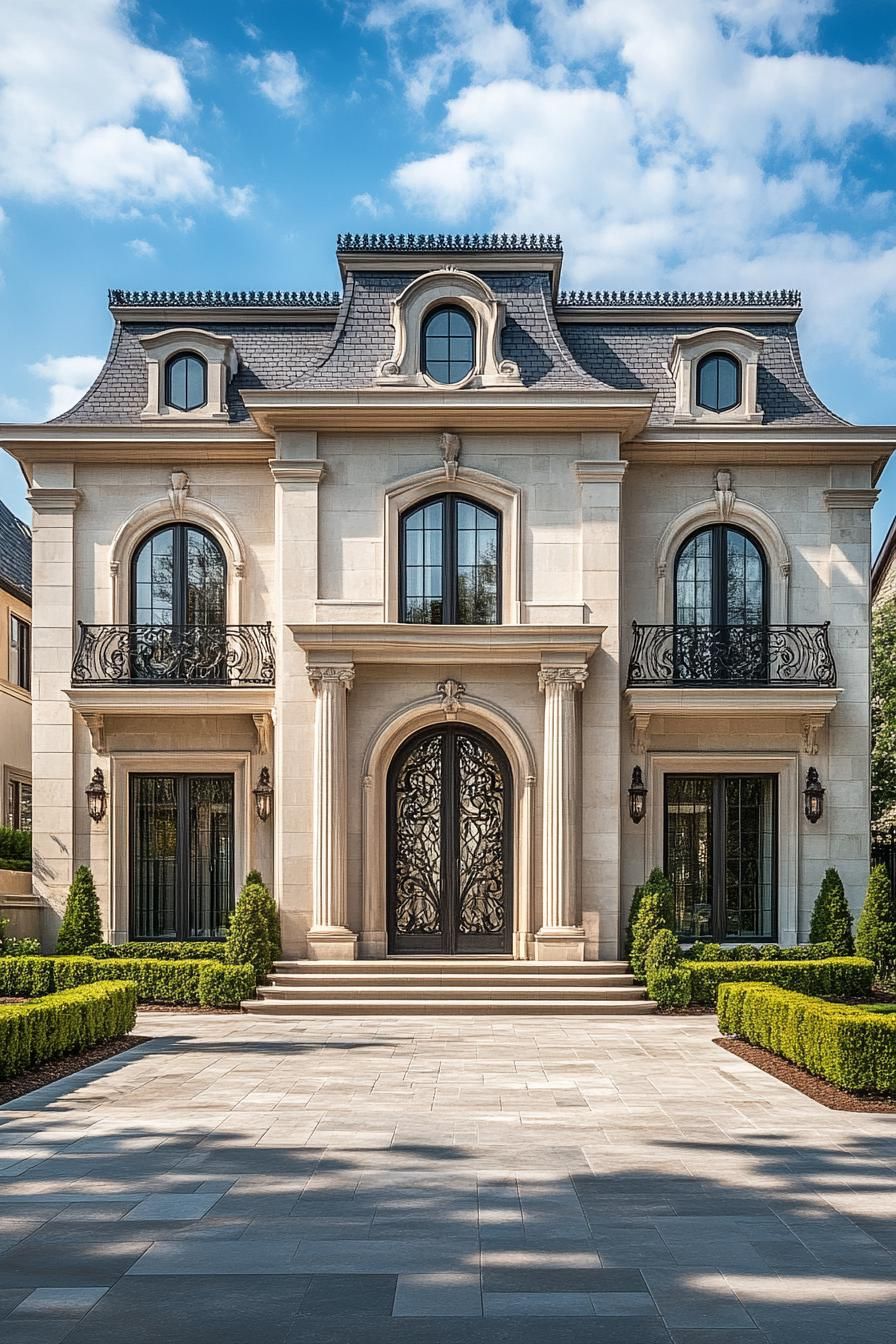 Luxury mansion with elegant wrought iron details and classic pillars