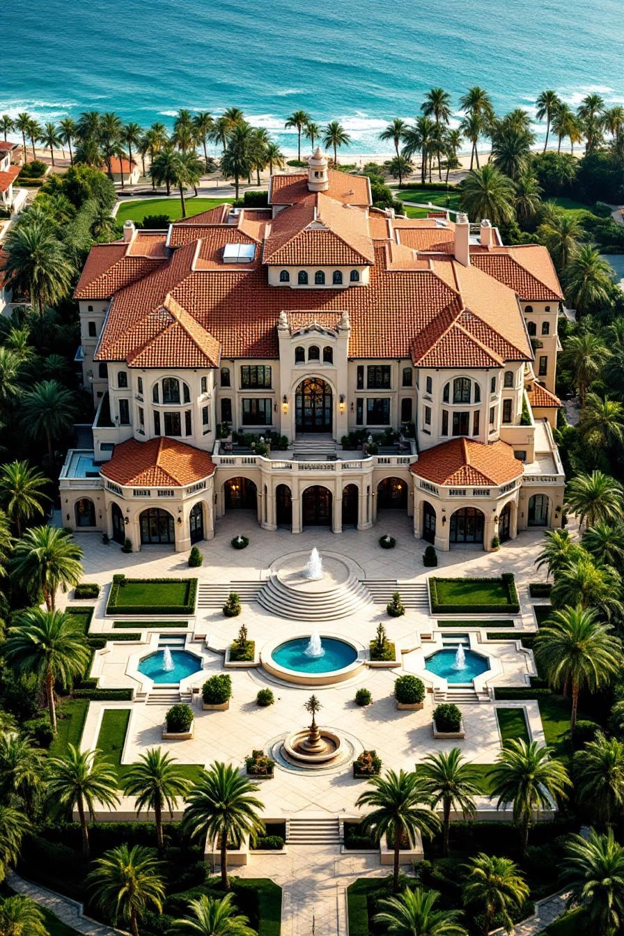 Grand mansion with terracotta roofs by the ocean