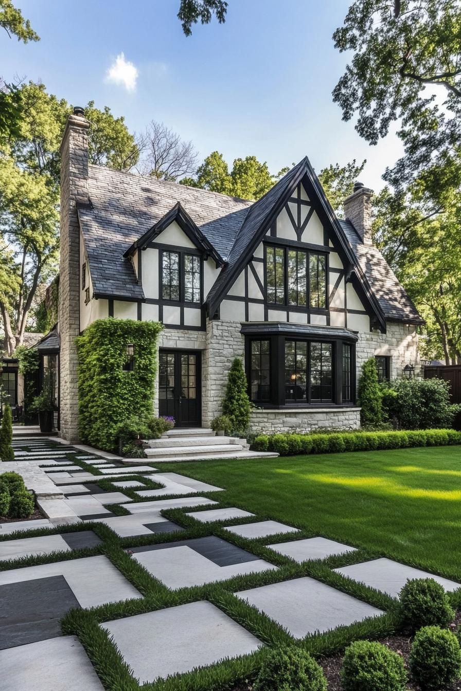 modern tudor style cottage with stone facade mixed with white black detailing facade with vines paved yard with lawn and geometric shrubs 2