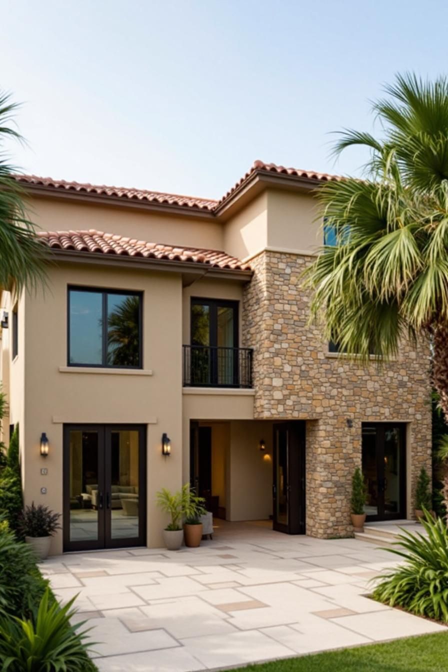 Two-story Mediterranean-style house with stone accents and a tiled roof