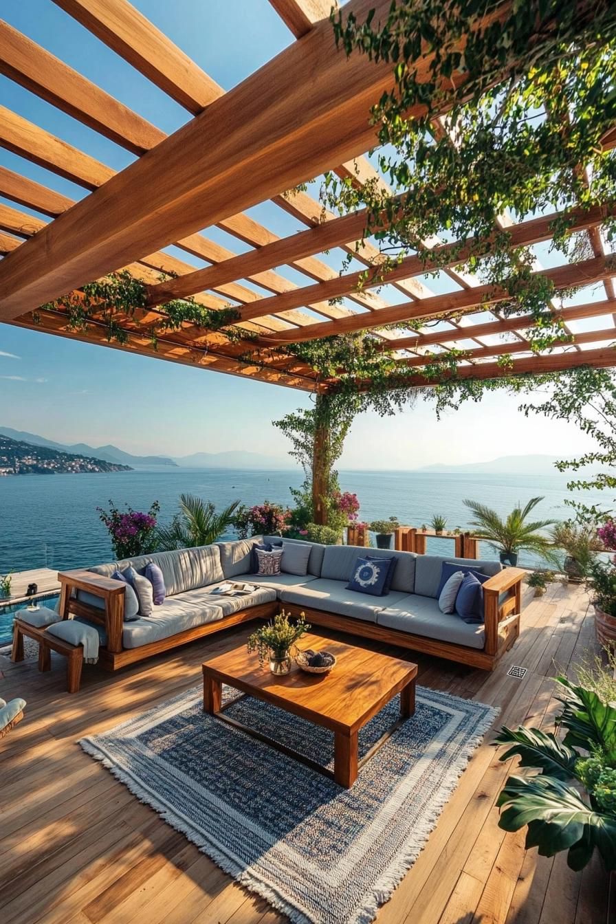 rooftop terrace with wooden pergola with vines cushioned furniture wooden deck area rug modernist coffee table flower planters sea view 2