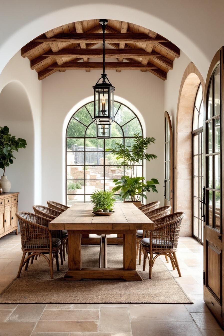 Sunlit dining room with arched windows and rustic charm