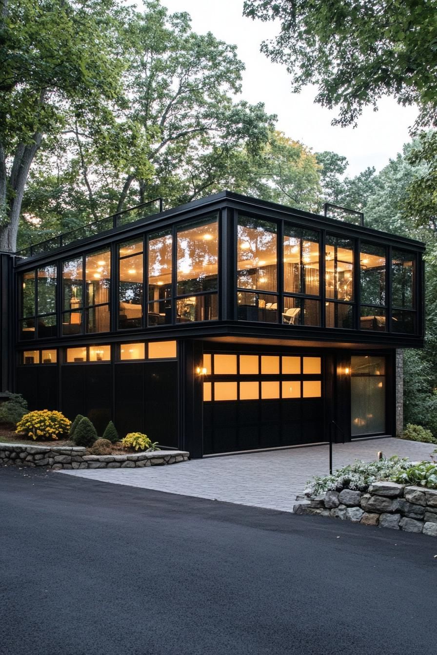 modern glass house with black and white framing garage with brick wall v 6.1