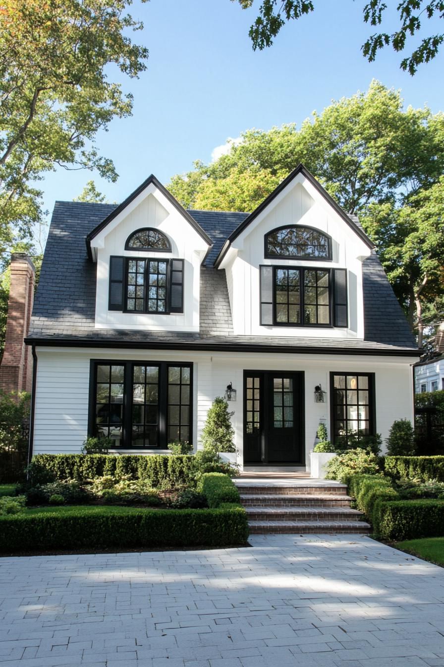 White house with black trim surrounded by greenery