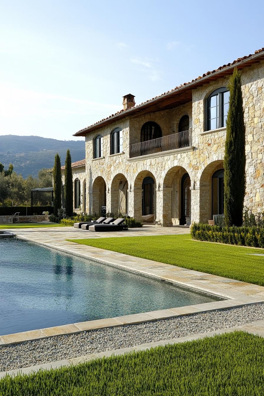 italian villa mansion estate stone facade arched windows large pool grass landscape with gravel paths italian cypress bordering mediterranean 1