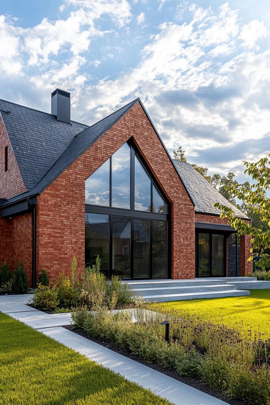 red brick village house with gabled roof large modern windows concrete paved front yard with lawn and native shrubs