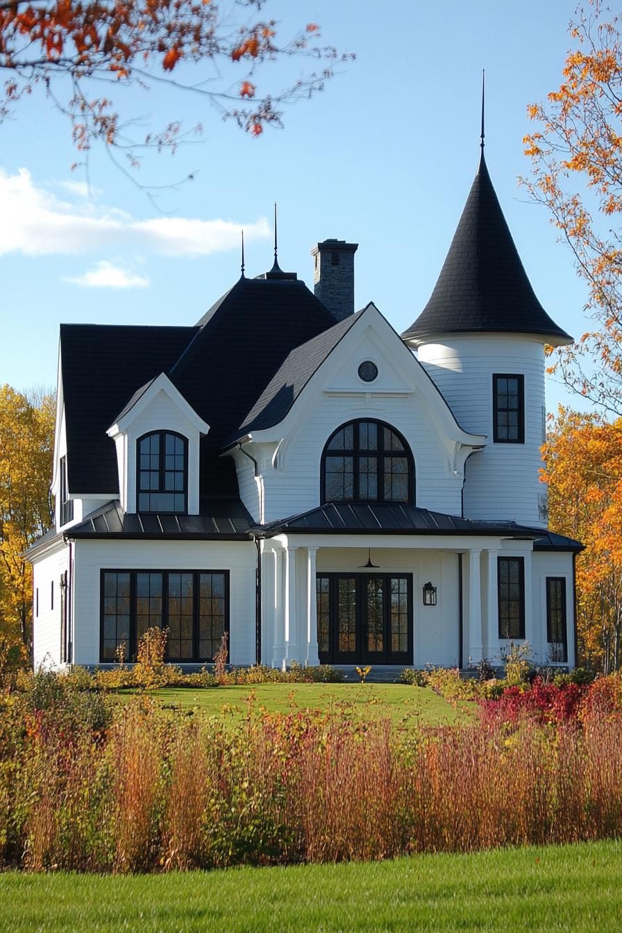 Charming gothic-style home with a turret set amidst a vibrant autumn backdrop