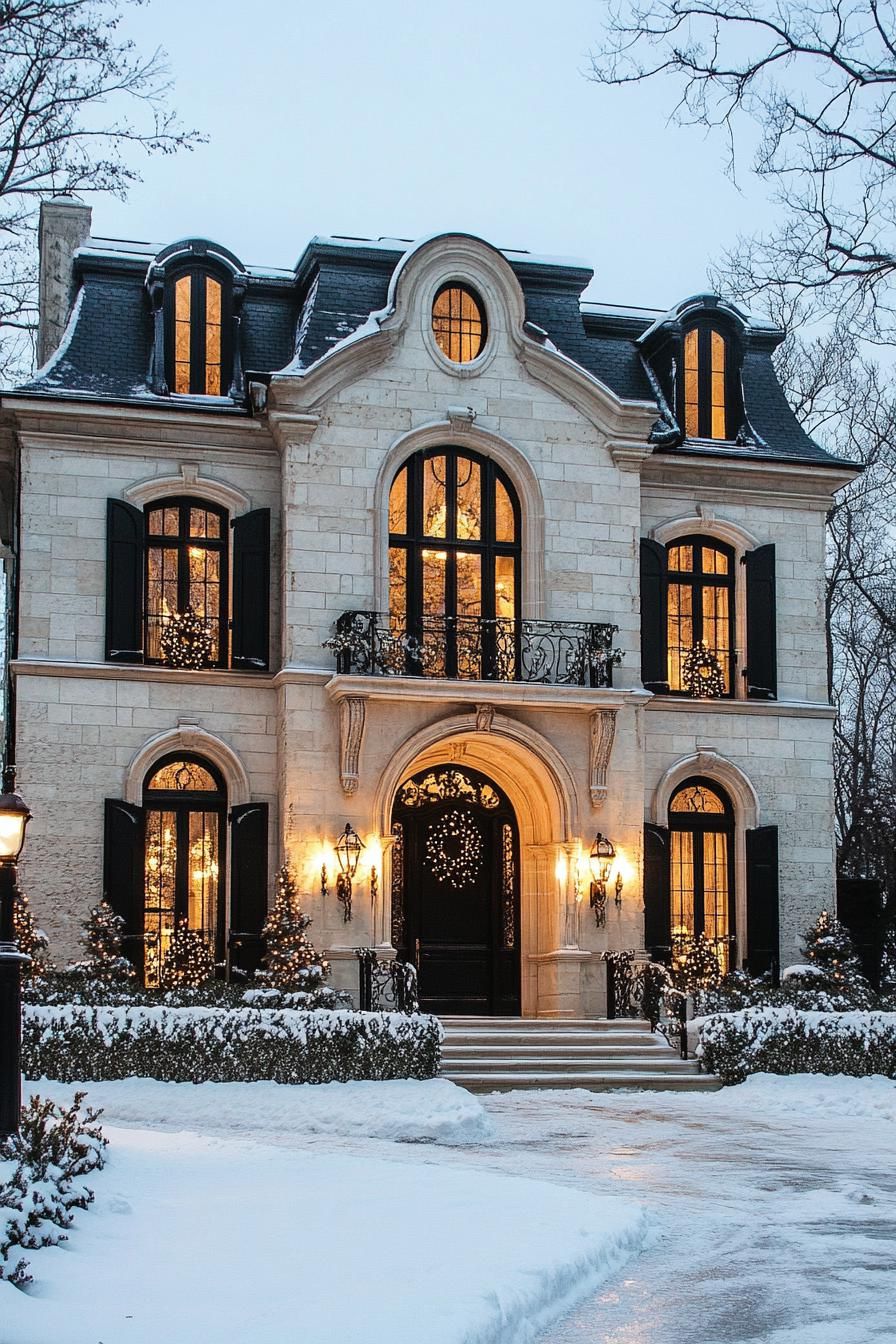 Elegant stone house adorned with festive lights in a winter wonderland