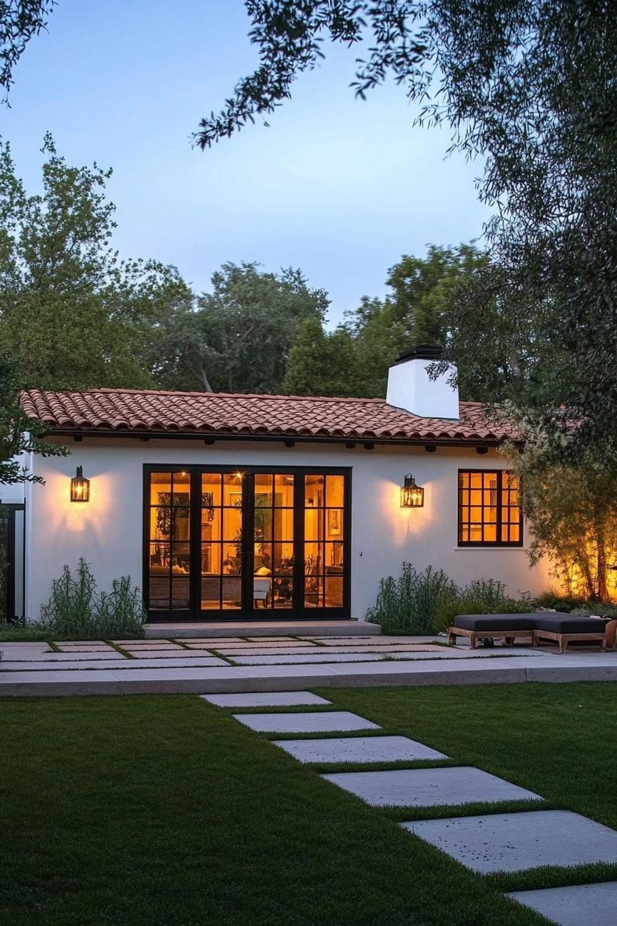 Cozy Spanish-style bungalow with glowing interior lights