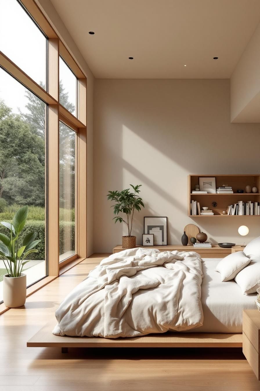 Minimalist bedroom with large windows and cozy decor