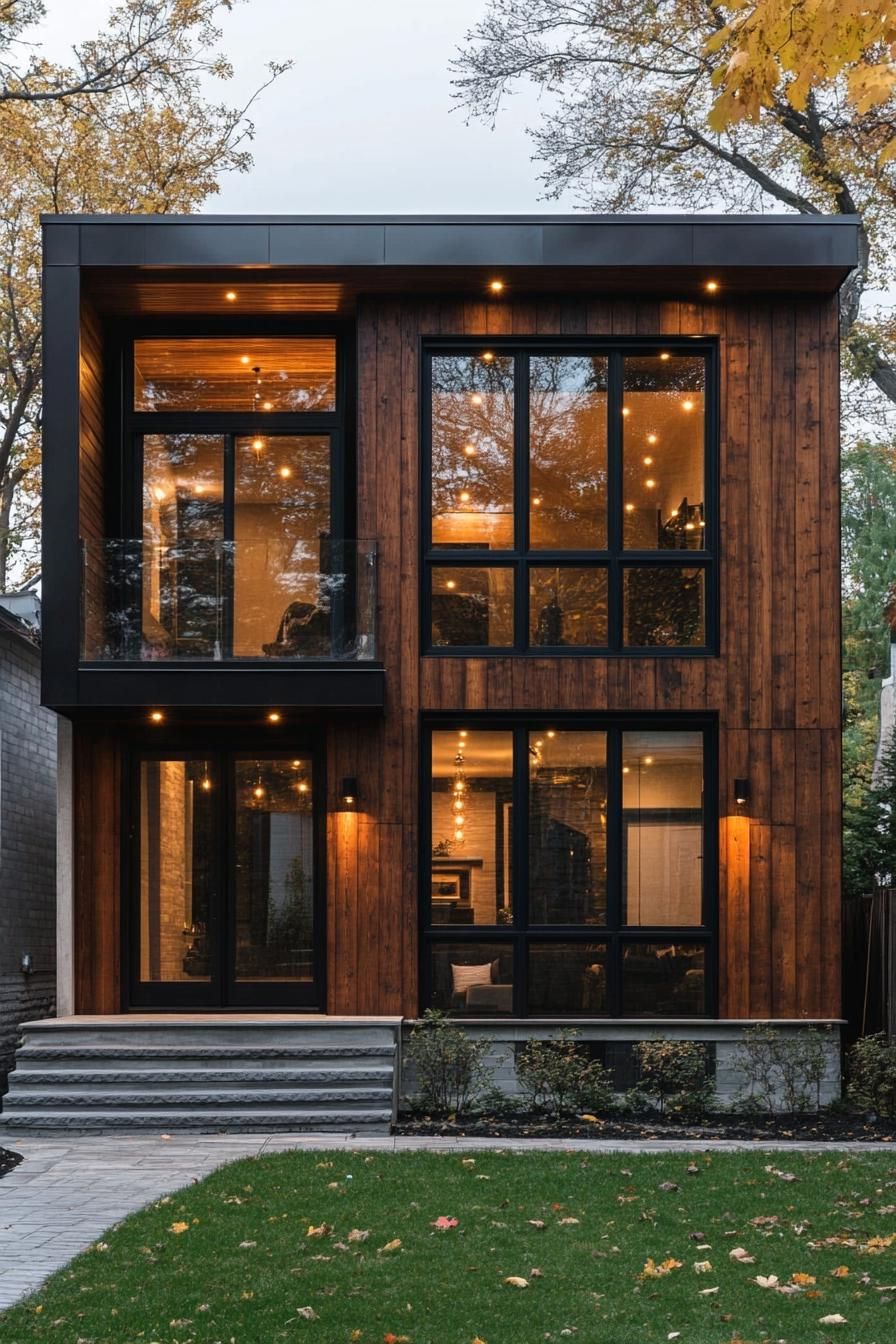 Modern wooden facade with large glass windows