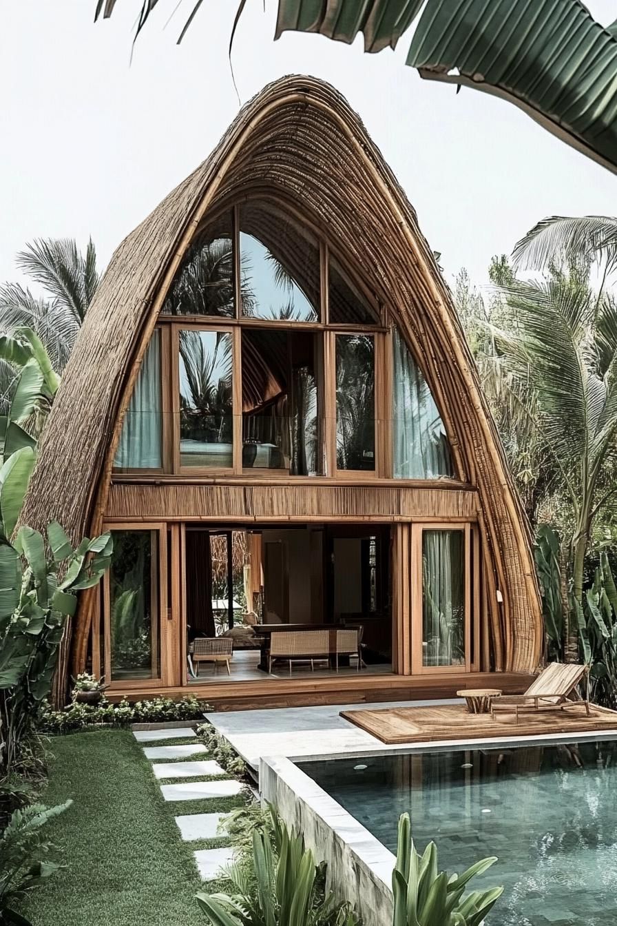 Exotic bamboo house with pool and tropical garden