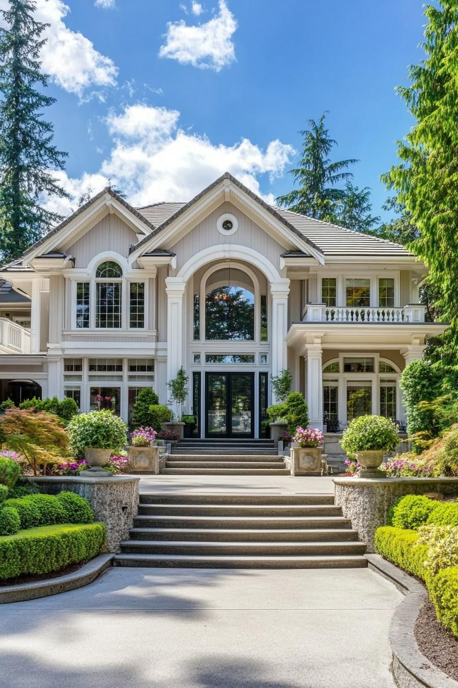 A grand white house with lush greenery