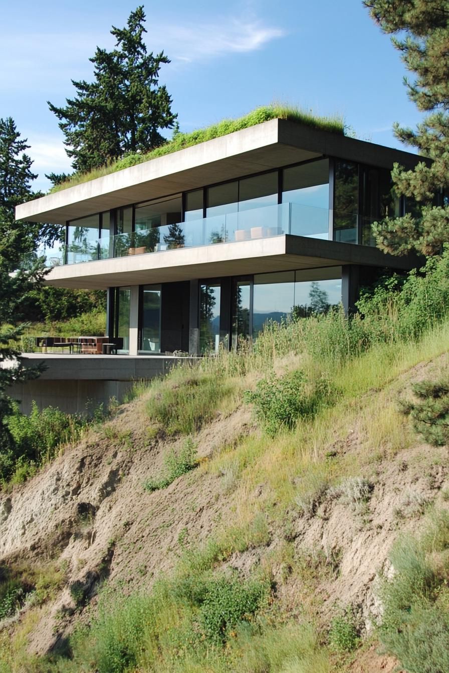 Modern hillside home with glass walls and a green rooftop