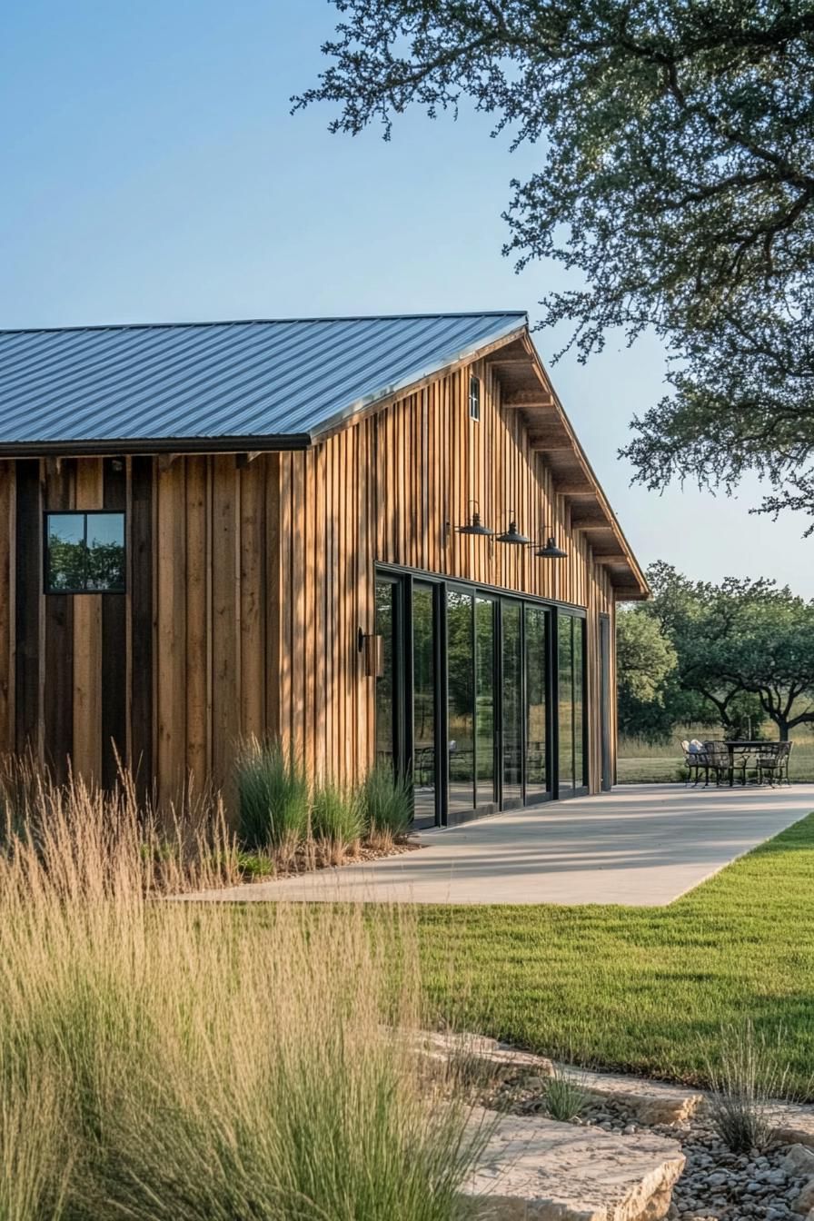 Charming wooden Barndominium with large glass windows