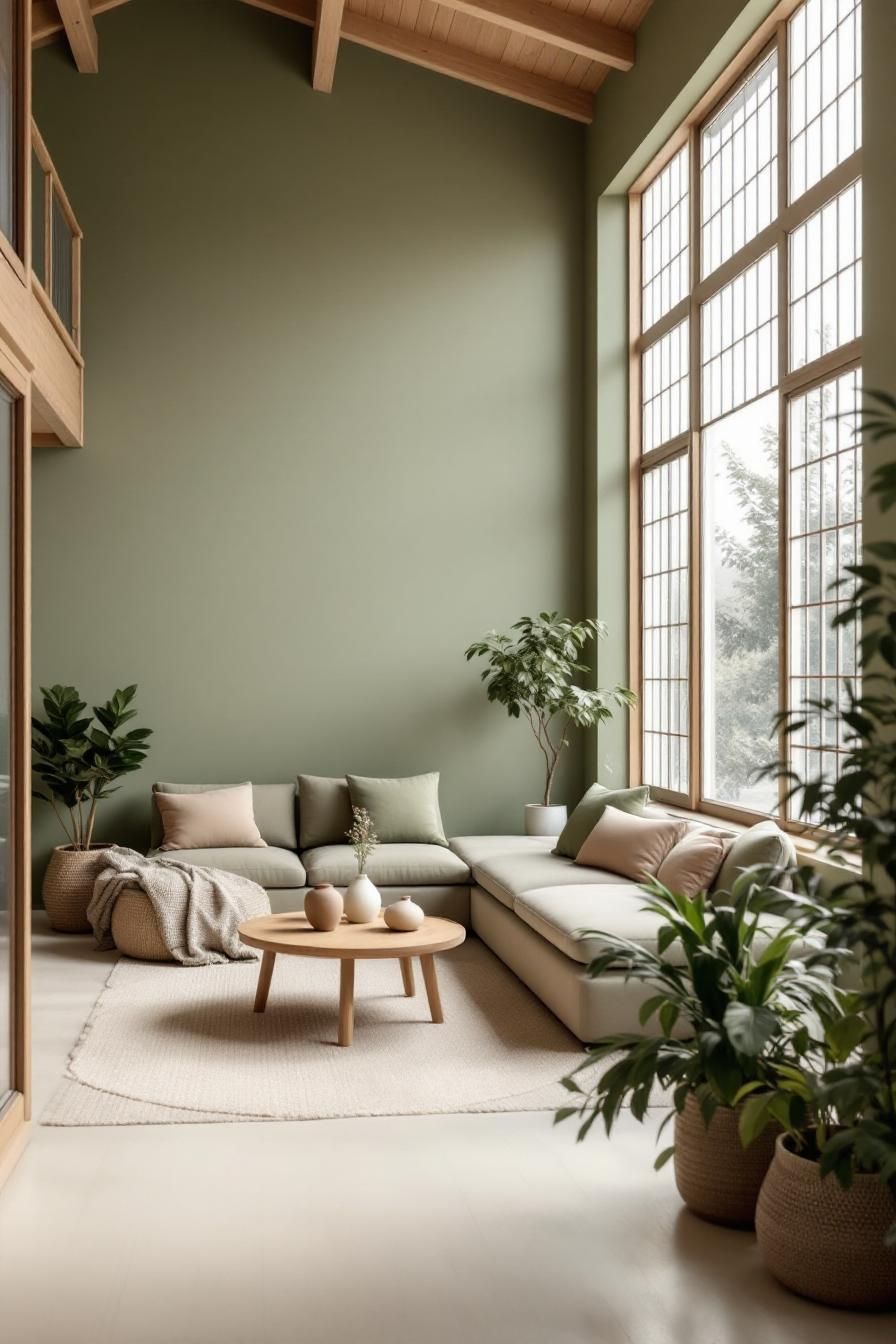 Minimalistic living room with earthy tones and greenery