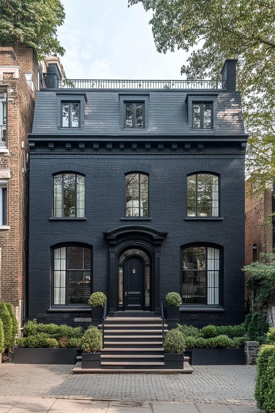 Sleek black façade of a classic house with lush greenery