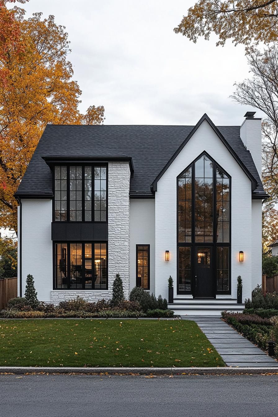 White house with bold black windows and a gabled roof