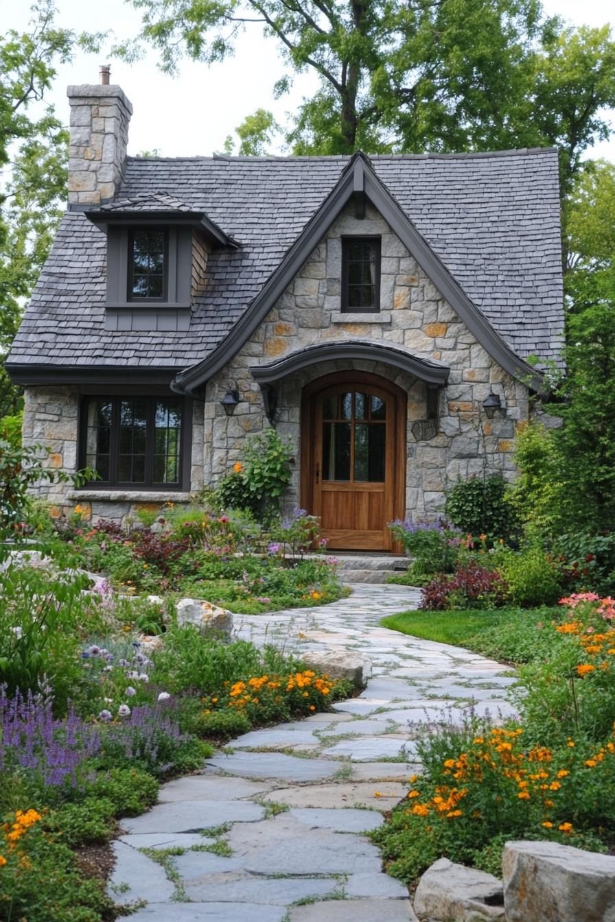 Charming stone cottage with colorful garden