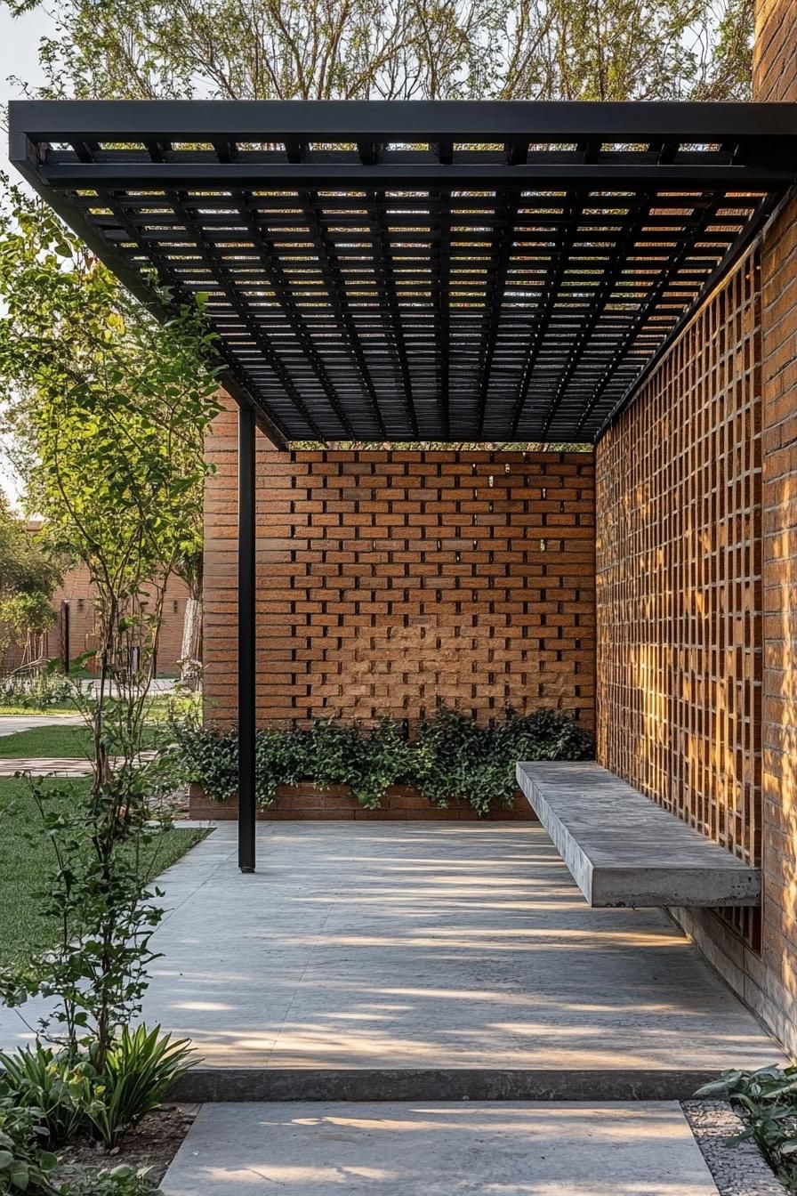 A chic brick façade with a modern metal canopy and lush greenery