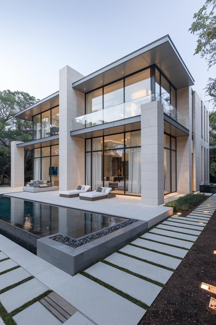 Modern house with large windows and a reflecting pool