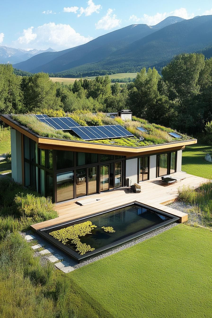 aerial view of a modern sustainable house with gabled green living roof with solar panels full wall windows large deck with built in gardens pond 2