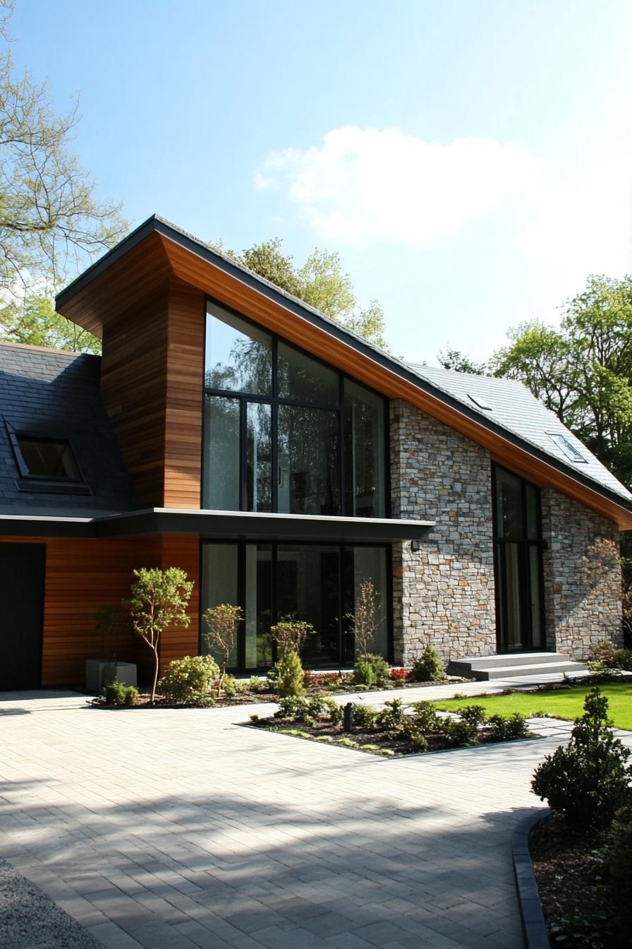 Modern house with stone and wood facade, large windows, and angled roof