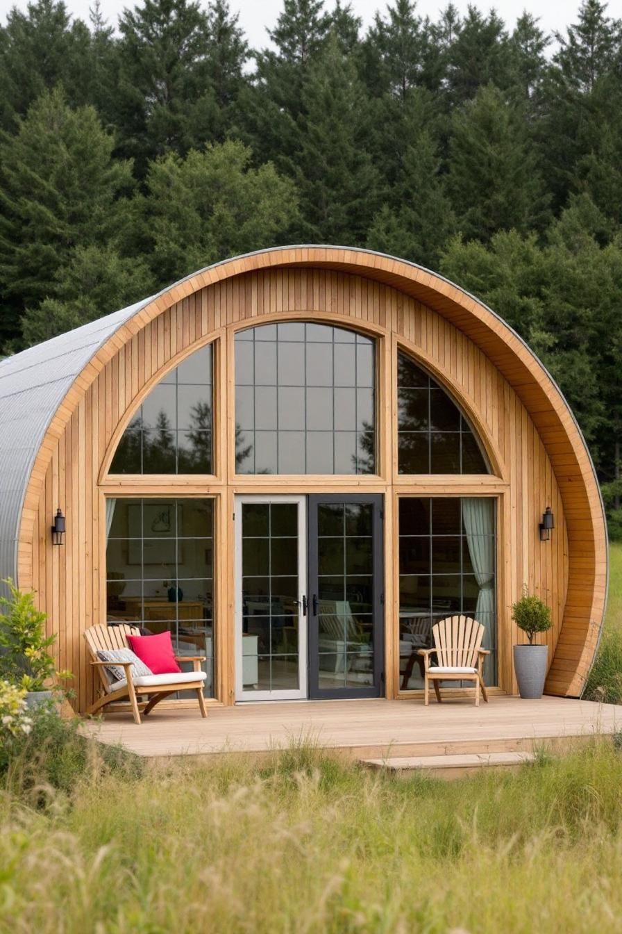 Quaint wooden Quonset hut nestled in greenery