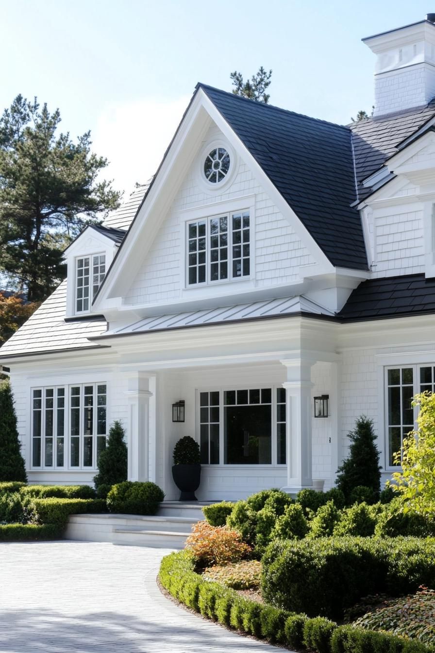 white cottage house with multi pitched roof modern and bay windows v 6.1