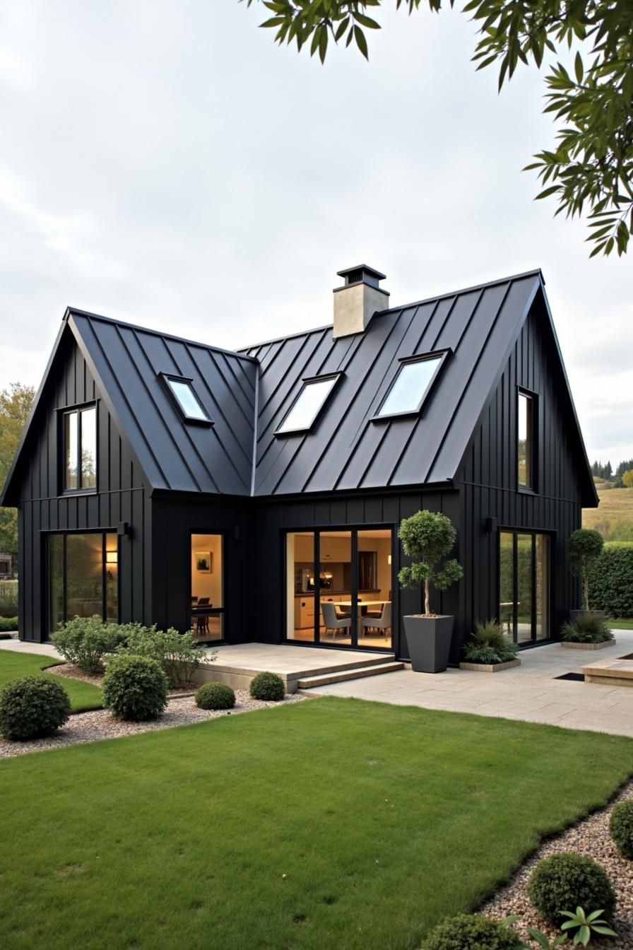 Chic black house with sleek design and green lawn