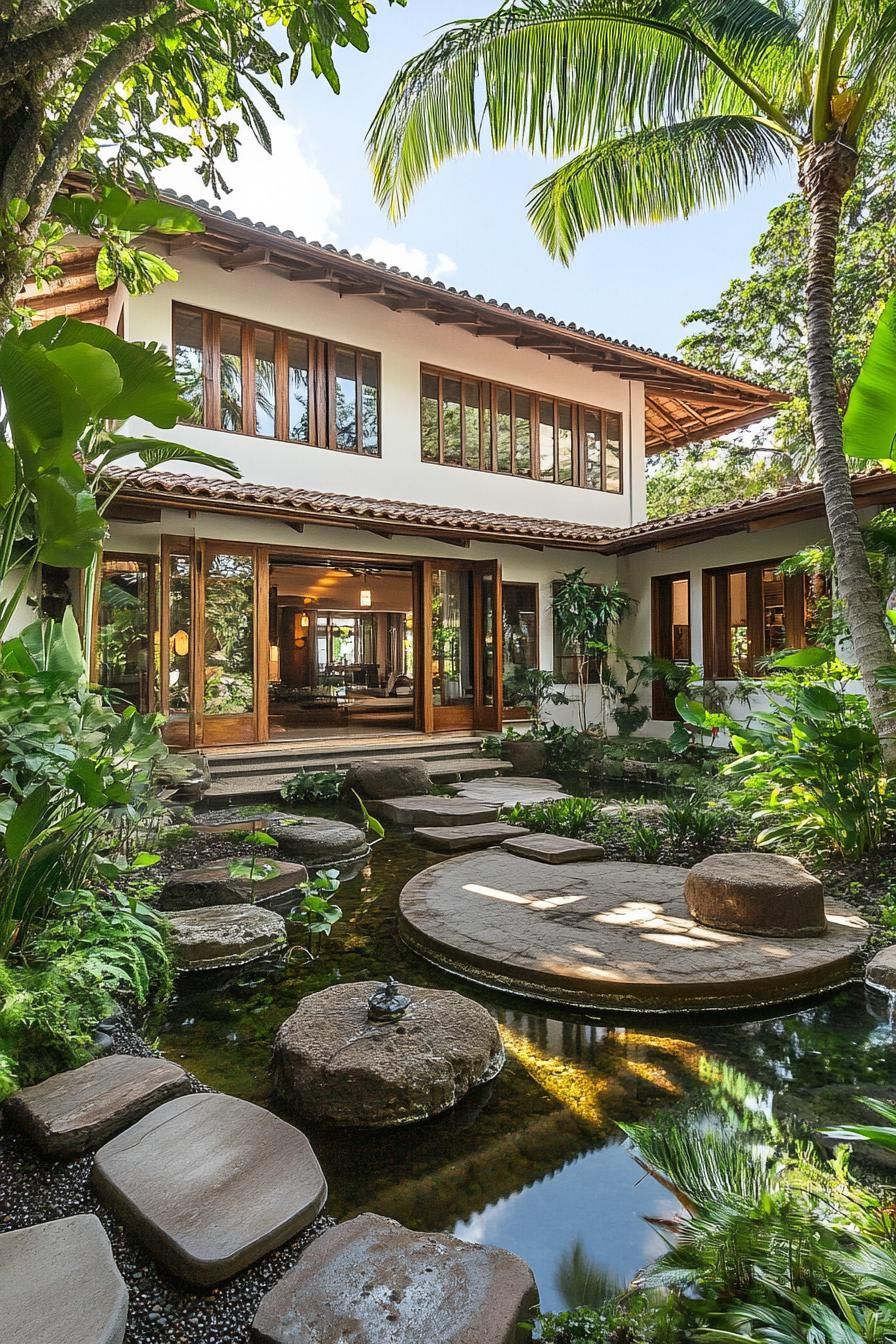 Tropical house with lush garden and stone pathway