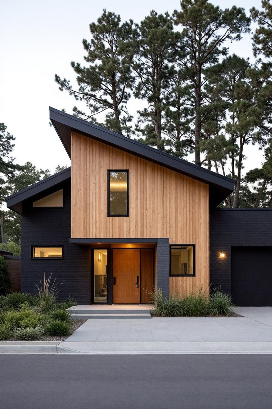 Modern house with a sloped roof surrounded by tall trees