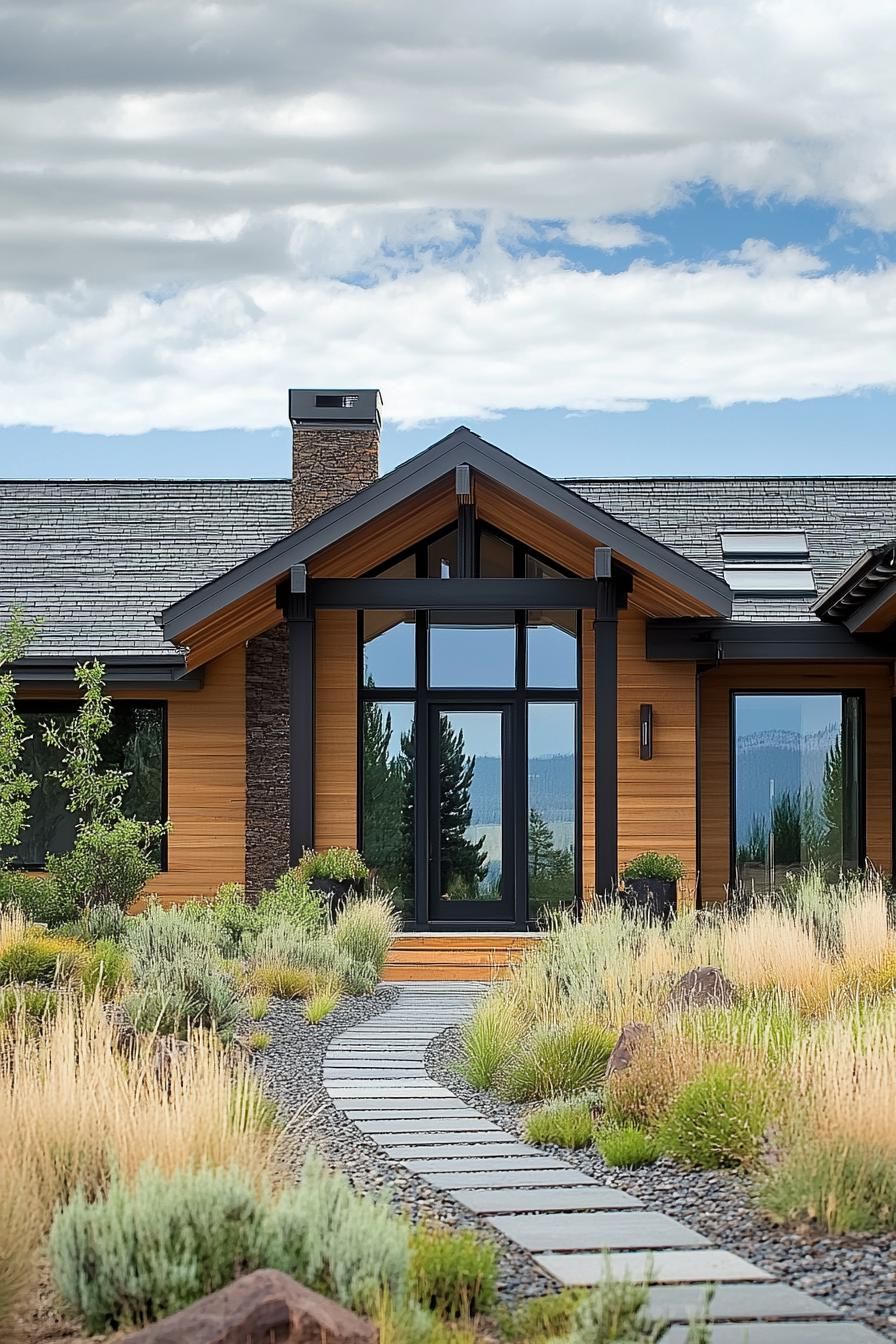 Front view of a modern ranch house with a stone path