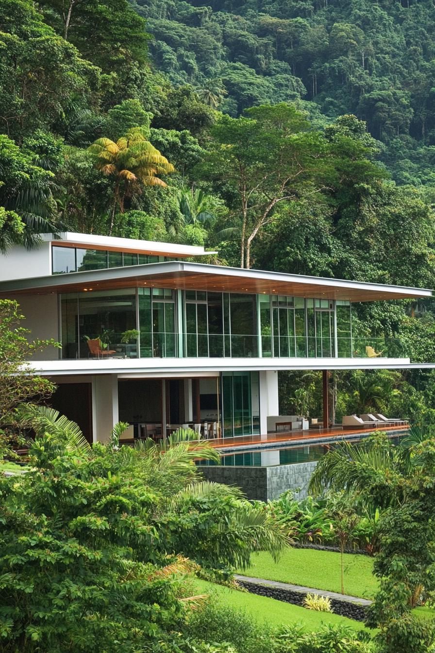 Tropical villa with glass walls surrounded by lush greenery