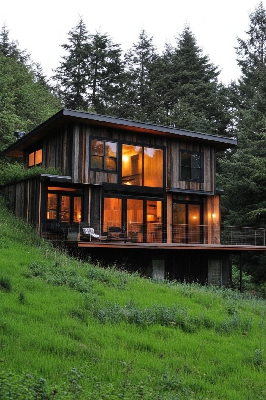 earth sheltered house built into a green hillside bank with large wooden deck large modern windows reclaimed wood siding tall pine trees in the