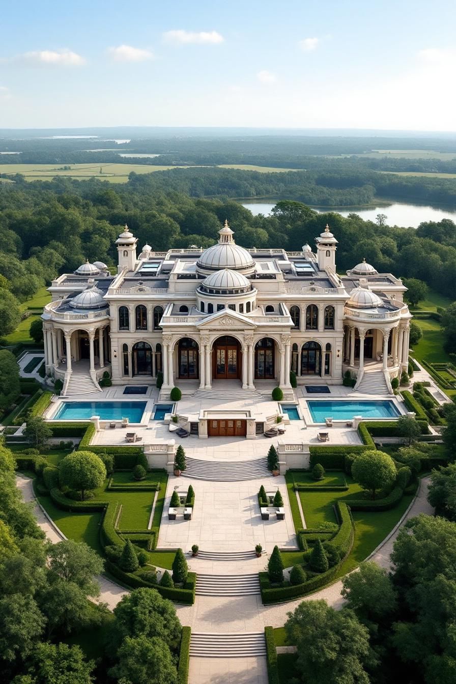 Majestic mansion with domes and pools, surrounded by greenery