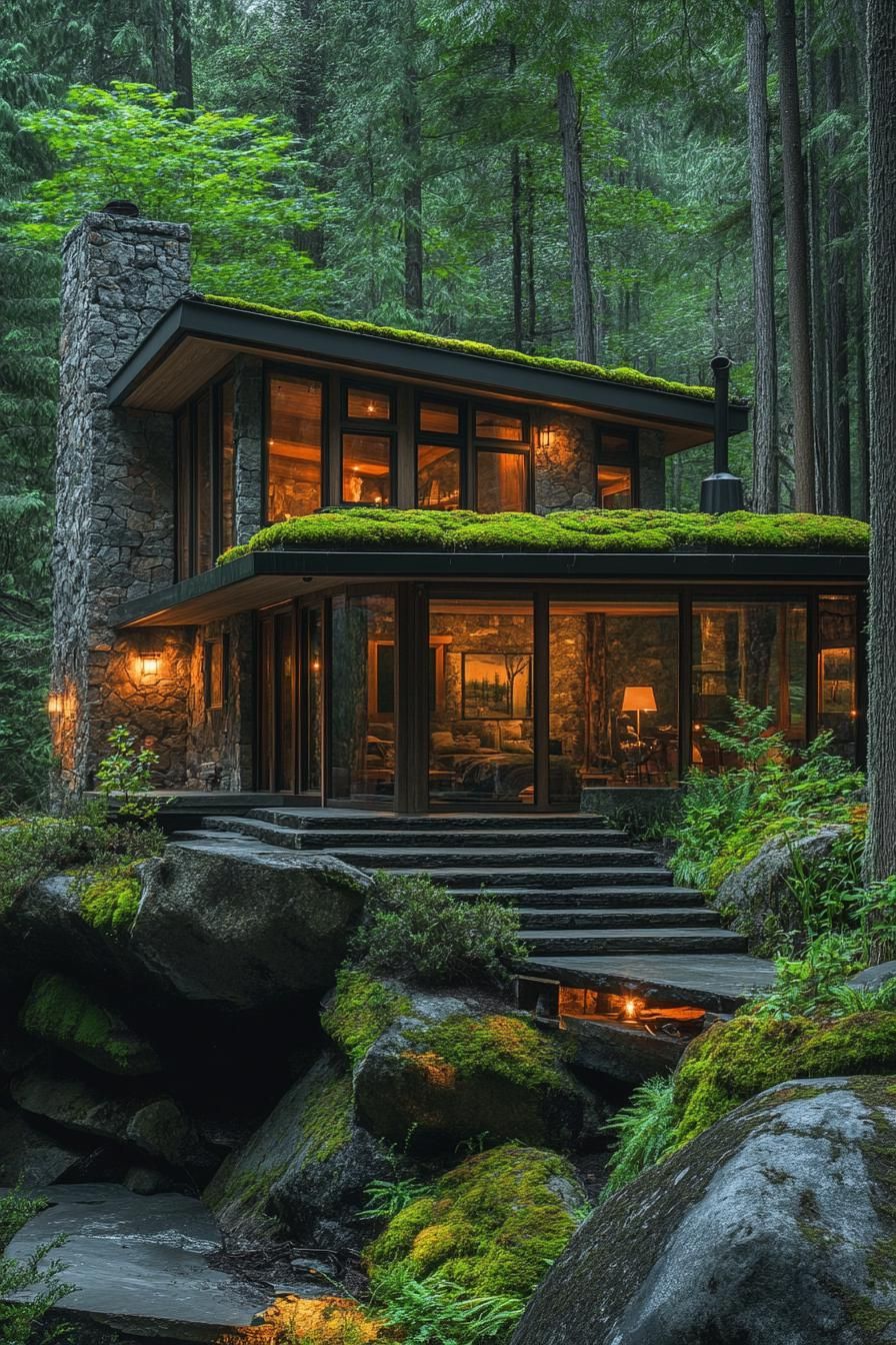 Cozy stone cabin with large windows surrounded by forest