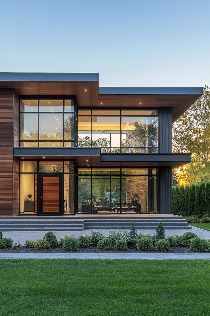 Contemporary house with glass walls and wooden accents