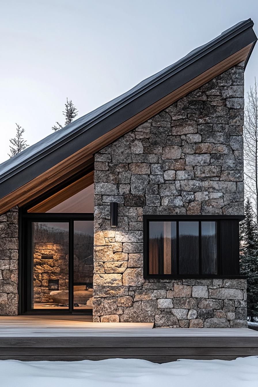 Cozy stone cabin with triangular roof amid snow