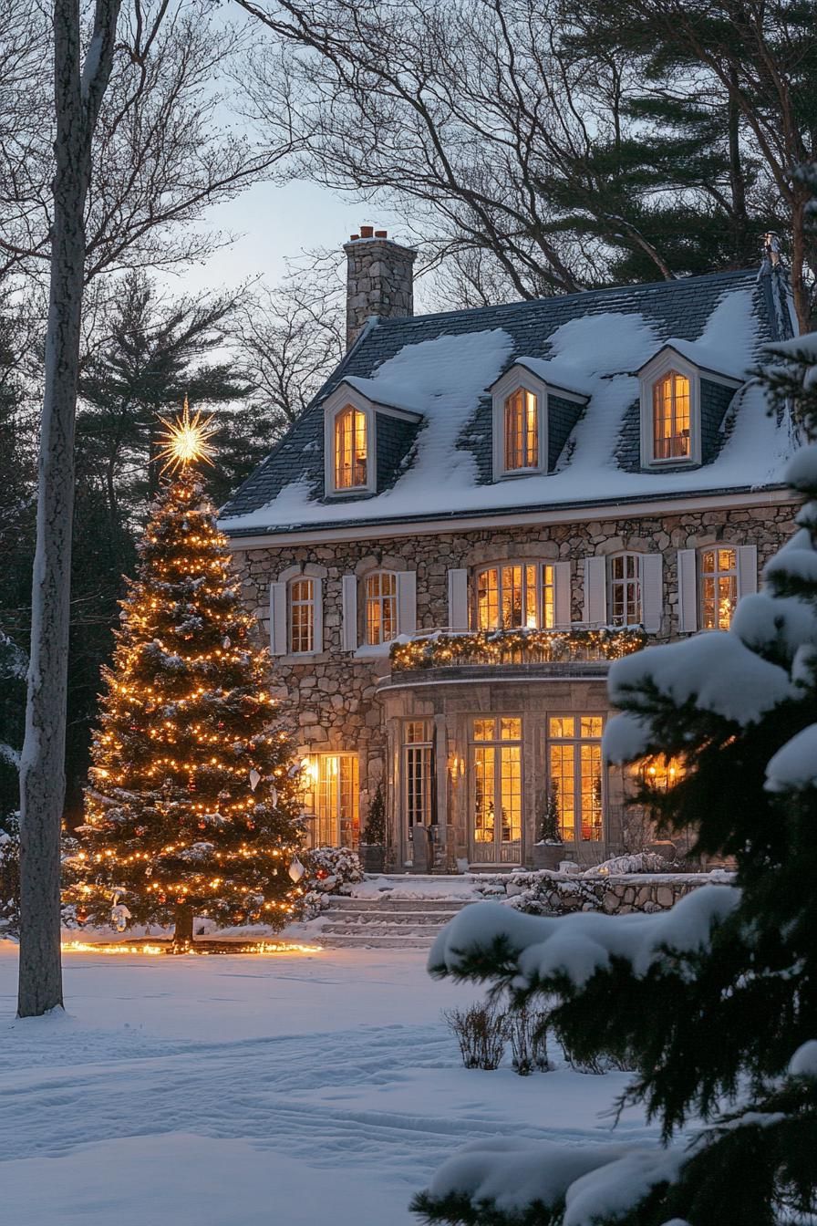 french manor with stone siding and white windows roof with gables and with snow light up letters above the entrance read MERRY CHRISTMAS v 6.1