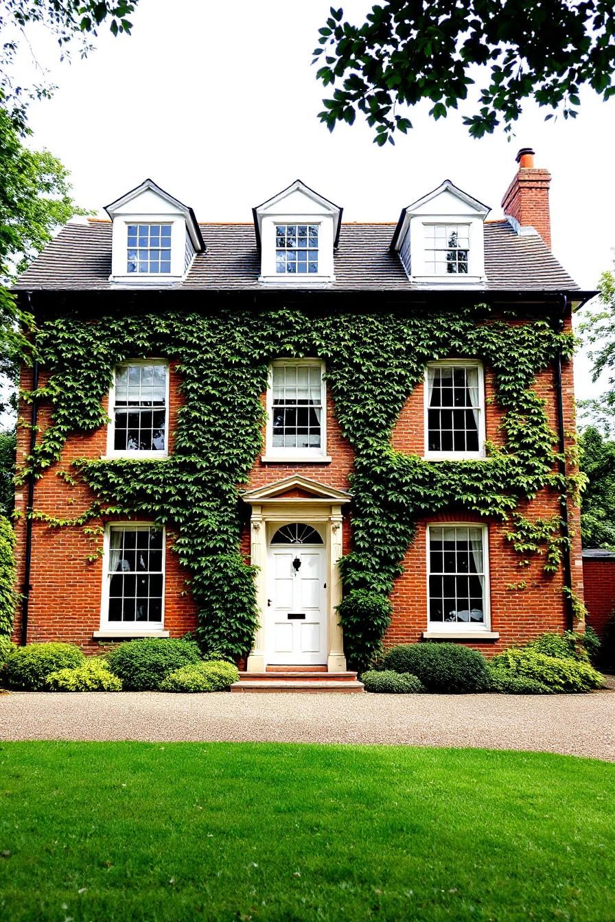 Elegant red-brick Georgian house with ivy