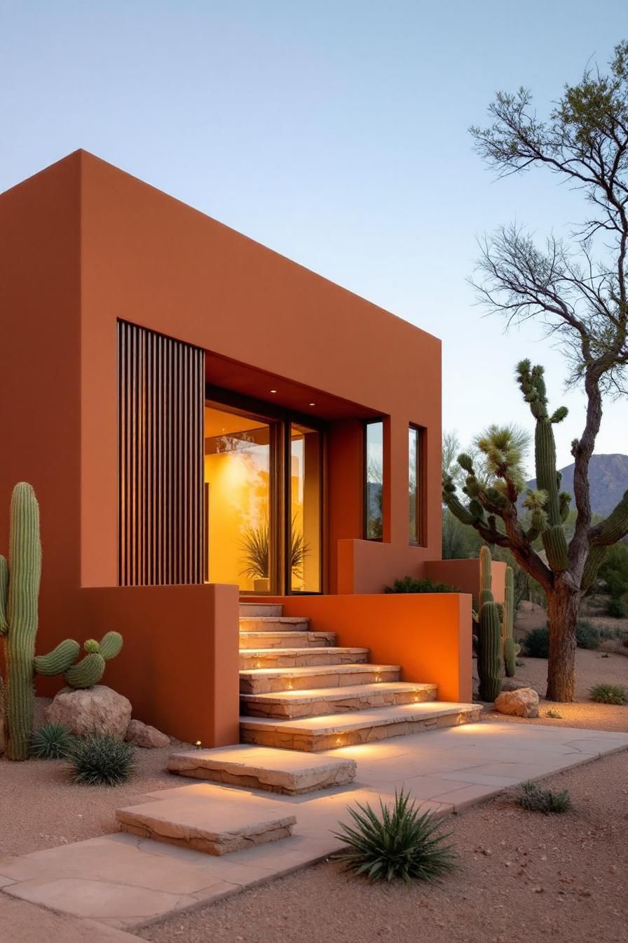 Modern villa with terracotta façade and stone steps