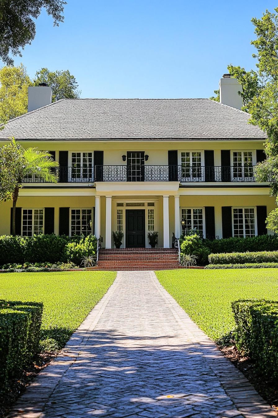 Colonial-style house with a brick pathway and lush greenery