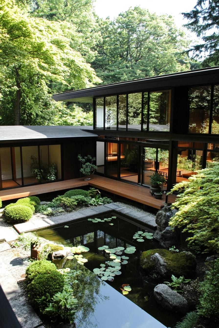 A Japanese courtyard house with a central pond and garden