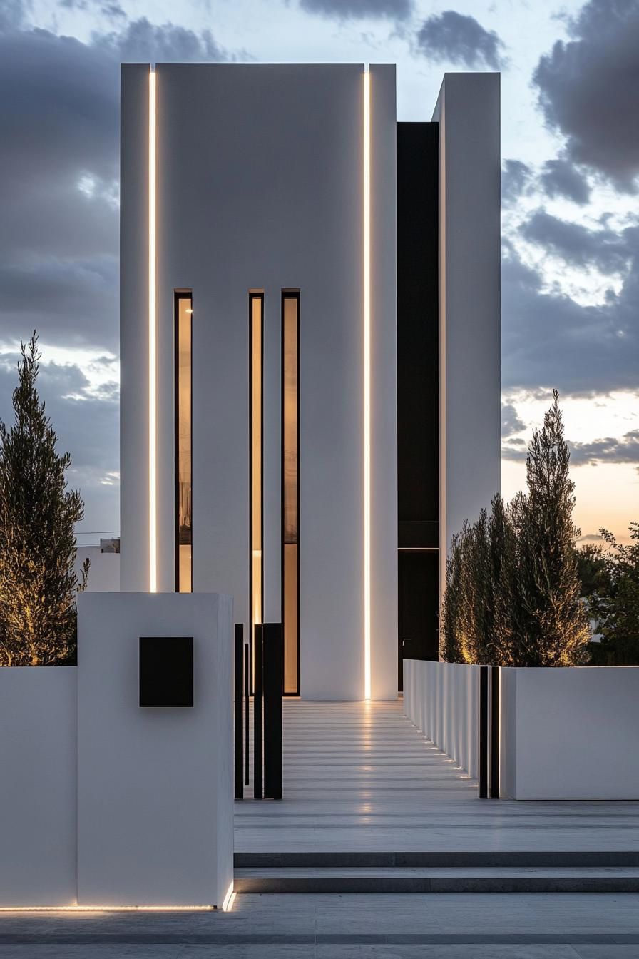 front view of a modern white villa black accents small modern windows narrow LED lit stripe accents the house is behind a tall white concrete 3