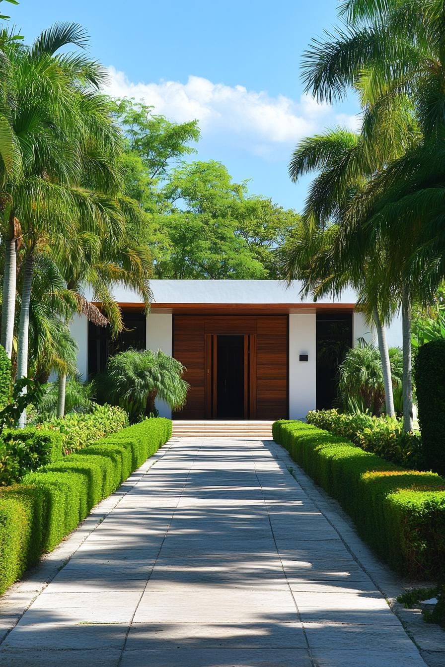 Modern villa with palm trees and manicured garden