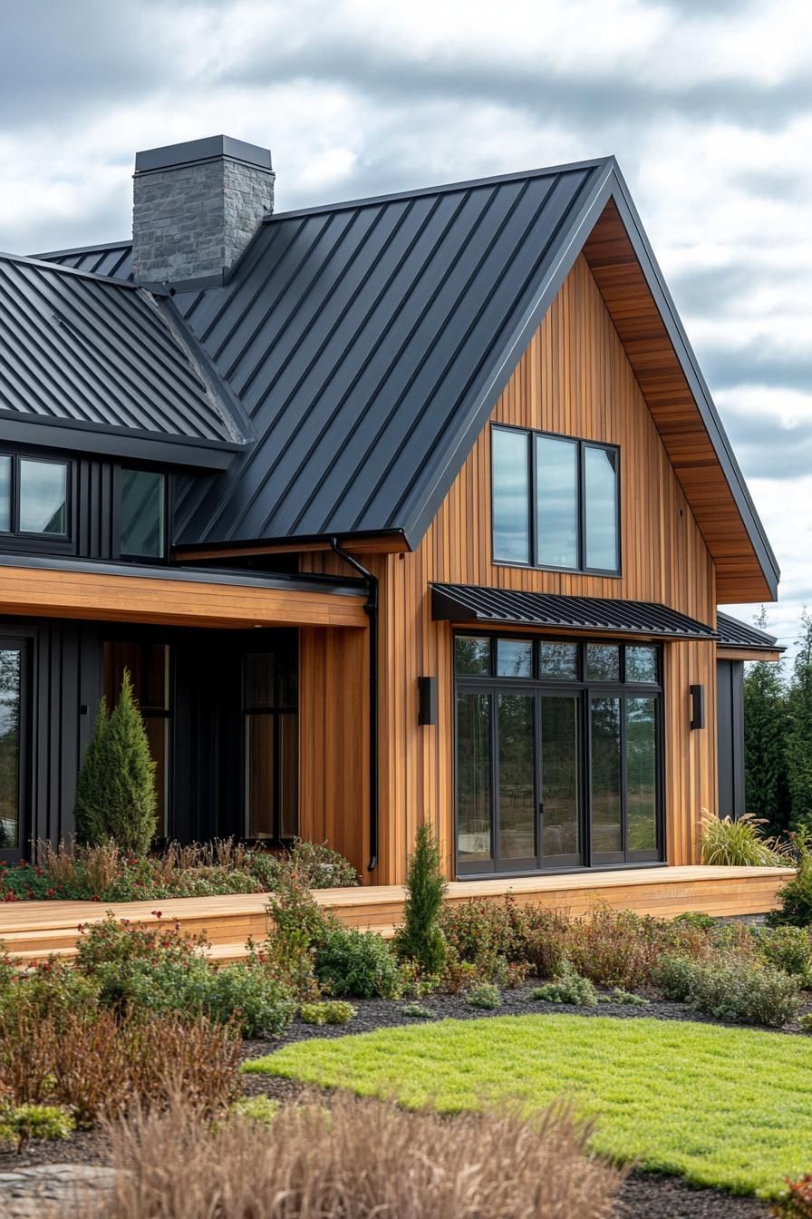 A contemporary wooden house with large windows and a metal roof