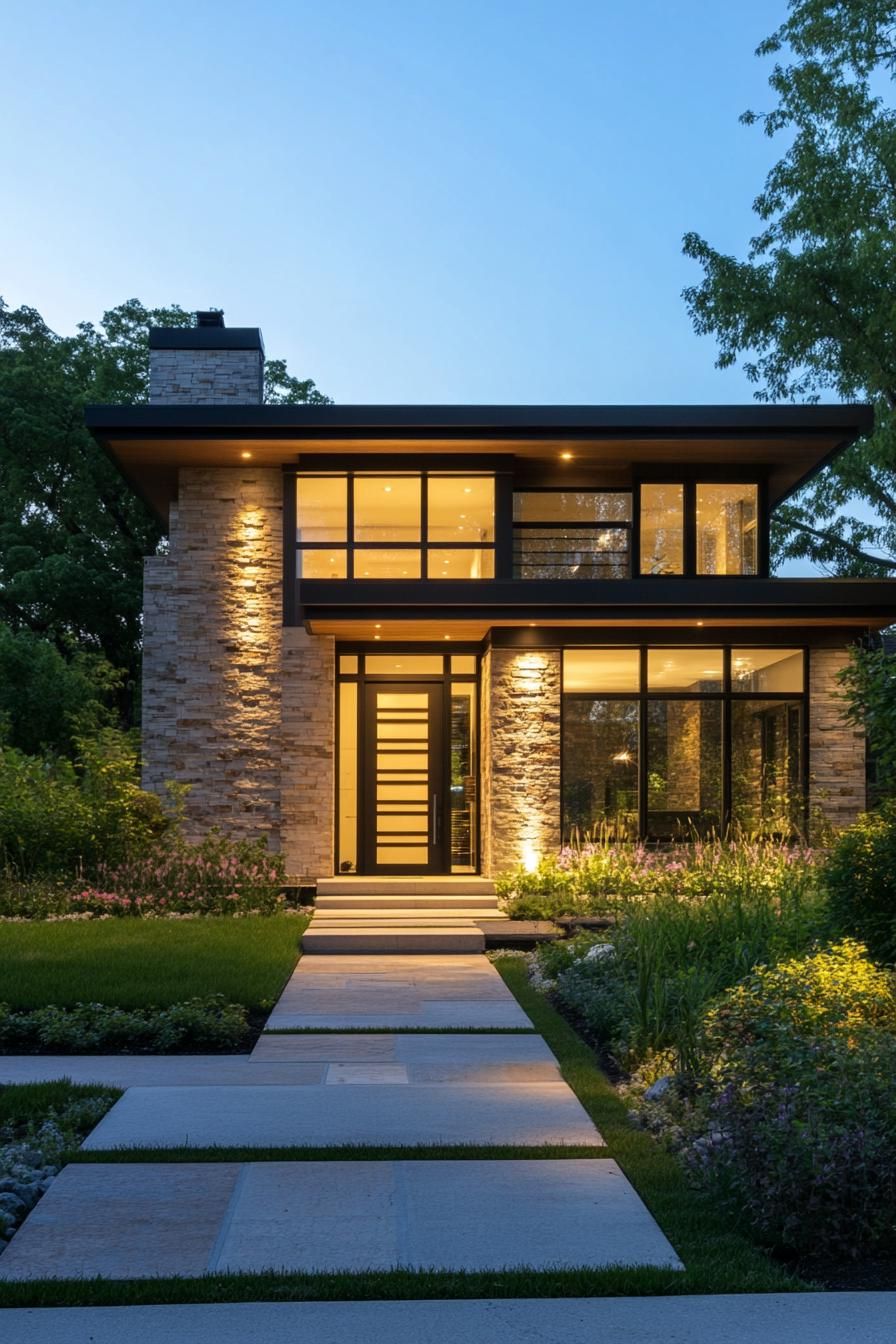 Modern house with glass, stone, and warm lighting