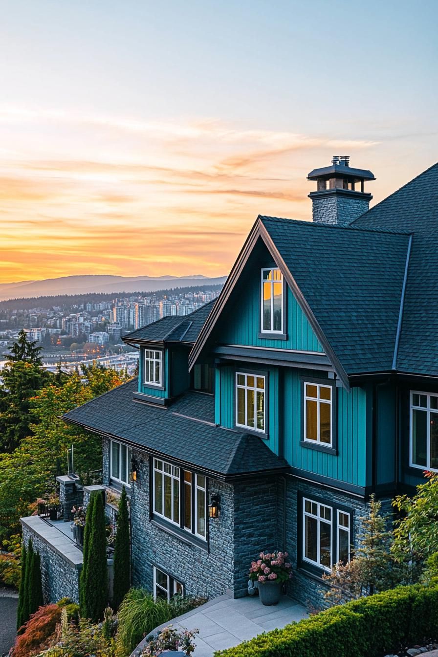 high angle view of large modern manor house in teal painted wooden siding modern windows roof with gables and grey stone shingles on a hill with a