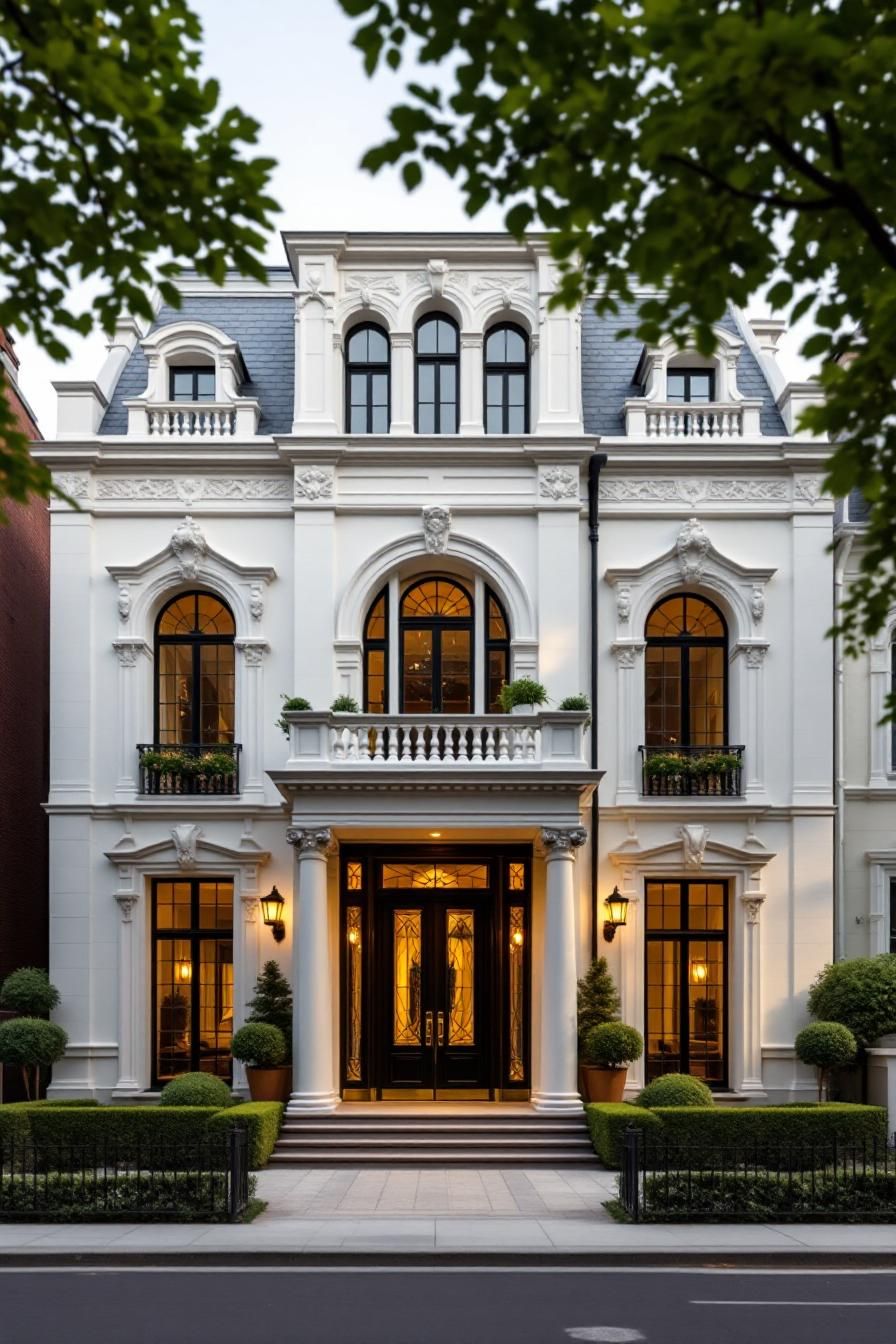 Elegant mansion with ornate columns and large windows